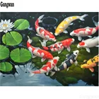 Рукоделие, алмазная вышивка, карп, пруд, картина из страз, рыбы, кои и Лоту, вид цветка, вышивка крестом, стразы, декор-мозаика