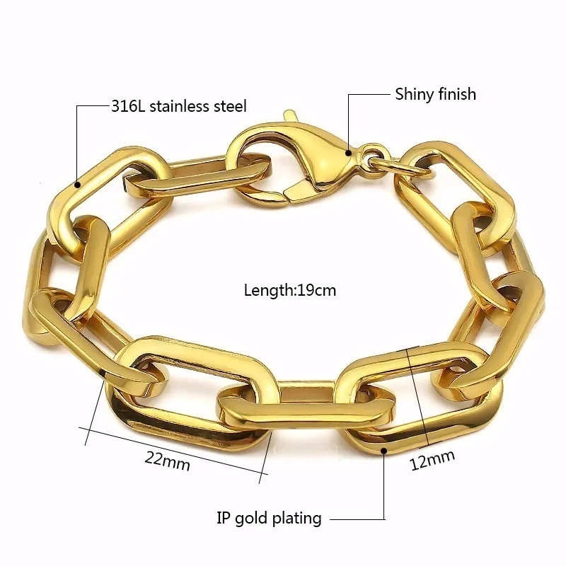 length 19cm gold Модный браслет, овальные частицы, браслет из бисера, для мужчин и женщин, толстый, золотой, серебряный, 2 цвета, прямоугольный, прочный браслет - Окраска металла: length 19cm gold