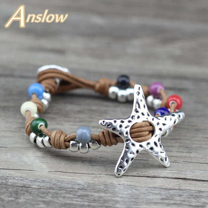 Бренд Anslow, новинка, высокое качество, модное ювелирное изделие, морская звезда, серебряный обруч, разноцветные кожаные браслеты для женщин, друзей, LOW0647LB