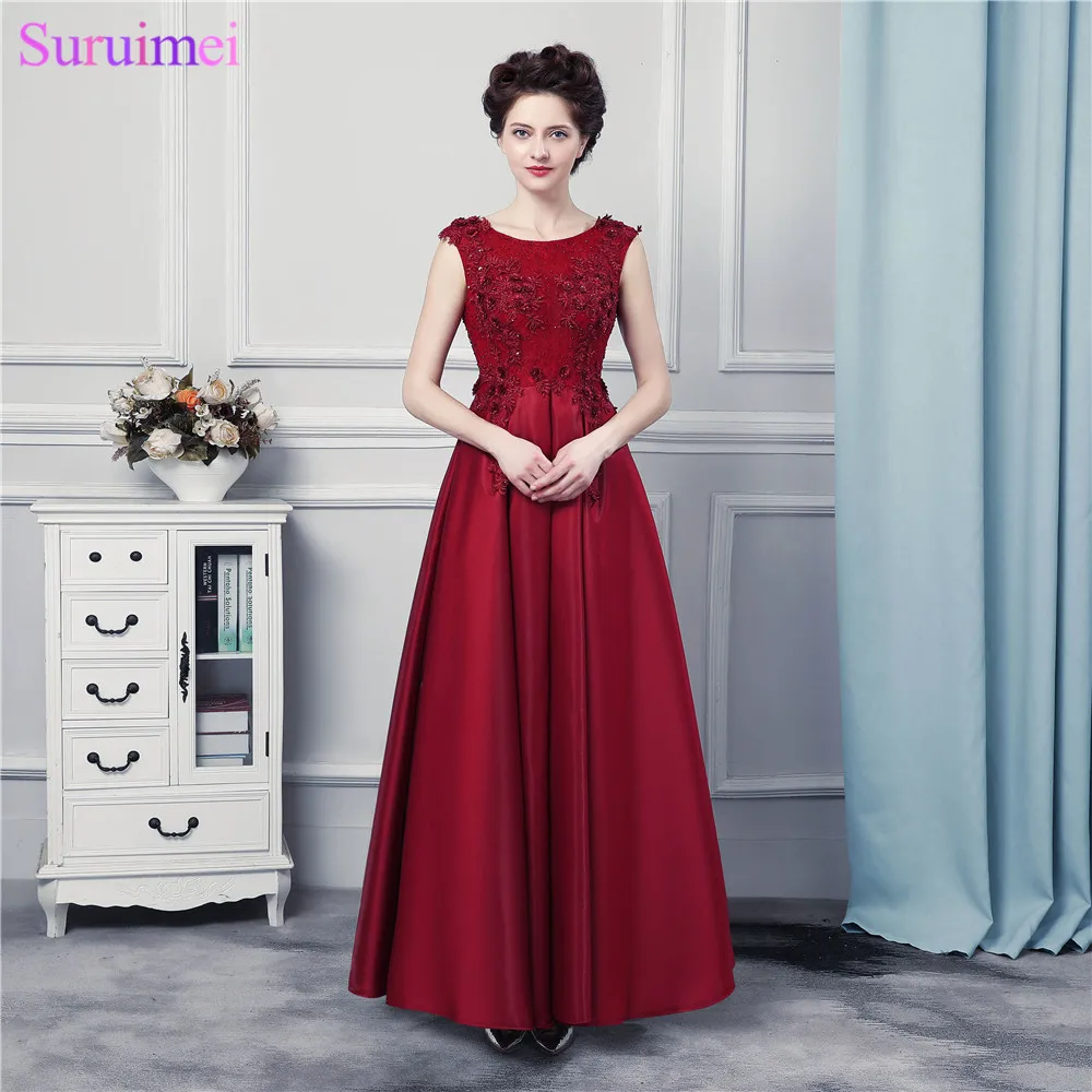 

Burgundy Evening Dresses Long Satin Floor Length Lace Applique Corset Evening Gown Formal Women Dress Free Shipping