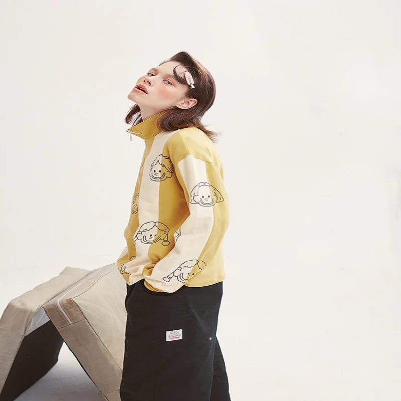 Женский пуловер с длинными рукавами желтый белый в полоску рисунком на молнии