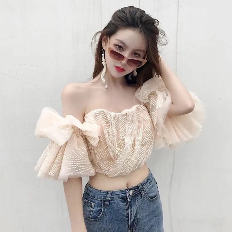 Женская Лоскутная Блузка VGH укороченная с вырезом лодочкой рукавами фонариками и