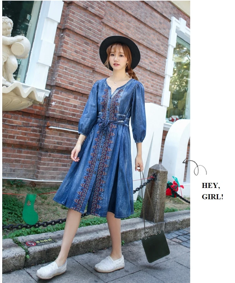 Ancient Style Teens Girls Denim Dress Embroidery V-neck Elastic Waist Fashion Casual Temperament A-line | Женская одежда