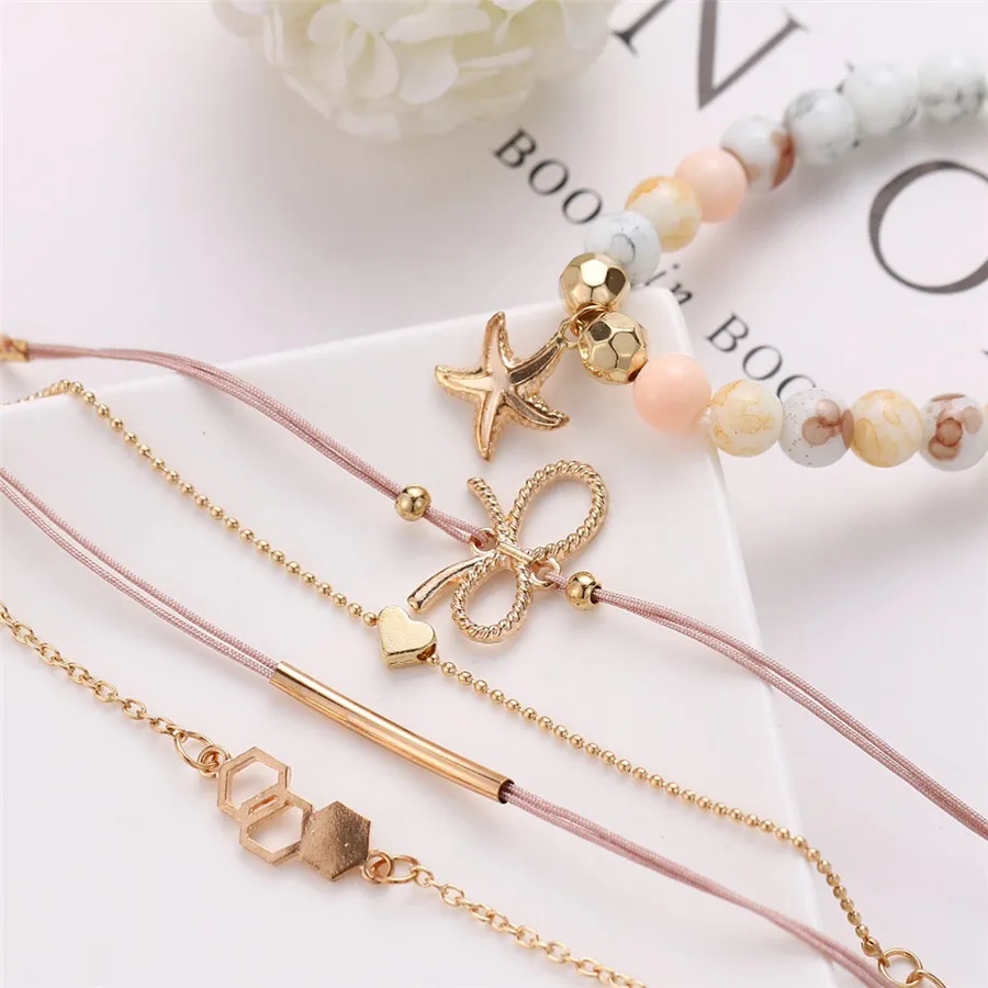 Pulseras Mujer богемные браслеты для женщин розовый камень Tiney Bowknot звезда геометрические эффектные женские