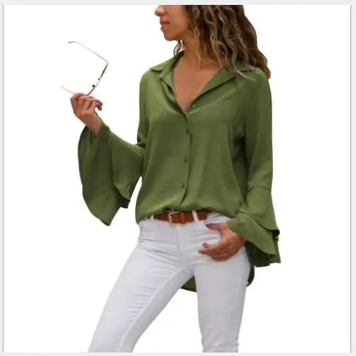 Women Blouses 2018 New Autumn Slim Fit Solid Single-Breasted Lady Fashion Casual Turn Down Collar Butterfly Sleeve Shirt |