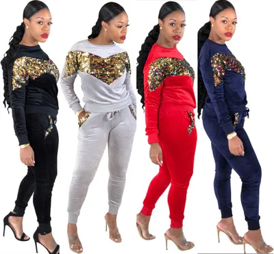 Women Tracksuit two Pieces Set Winter Embroidery Velvet Sequin Casual long sleeve Tops + Long Pants Suit 2 Piece Outfits |