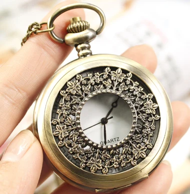 

wholesale price good quality fashion girl quartz new bronze vintage flower figure pocket watch necklace with chain