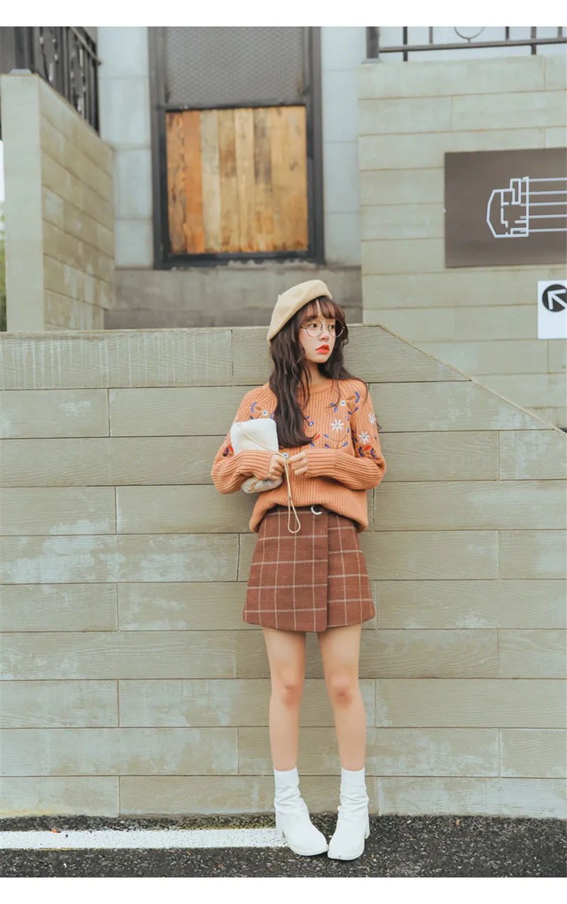 Для женщин Ulzzang осень и зима Harajuku утолщенная шерстяная клетчатая ретро юбка женские милые японские Kawaii юбки для женщин