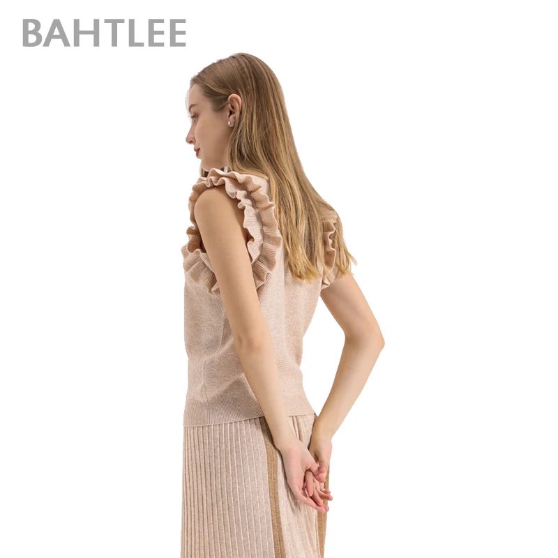 BAHTLEE Summer Frilled Trim knitted Slim Fitted Tee Sleeveless T-shirt Women Elegant Solid O-neck sweater Tshirt ruffles