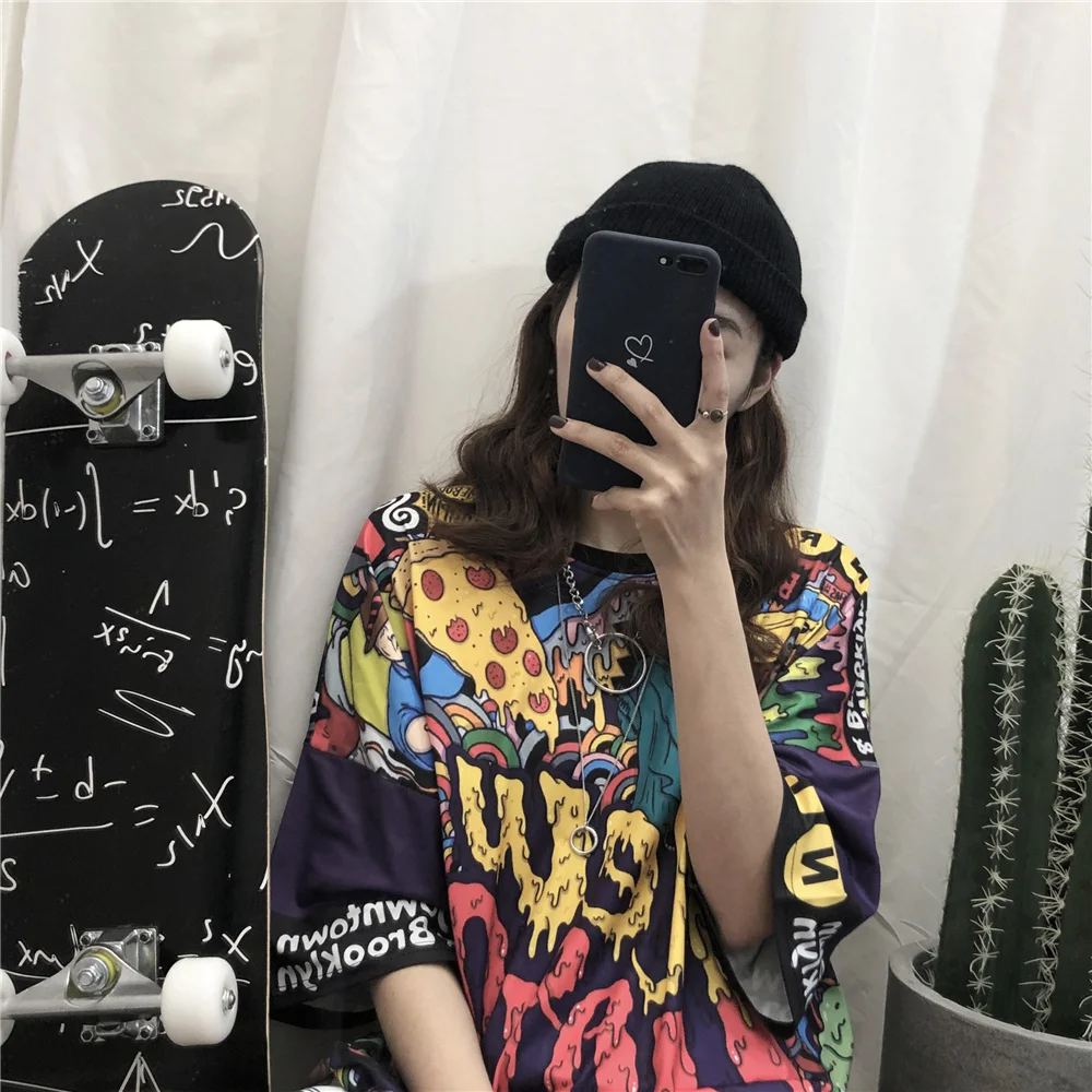 Ulzzang Готический стиль граффити длинная футболка женская уличная летняя 2019 Плюс