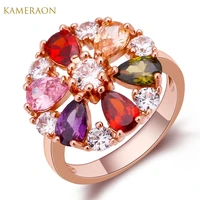 kameraon fashion jewelry multi color rings for women dainty copper process zircon promise flower rose gold ring princess