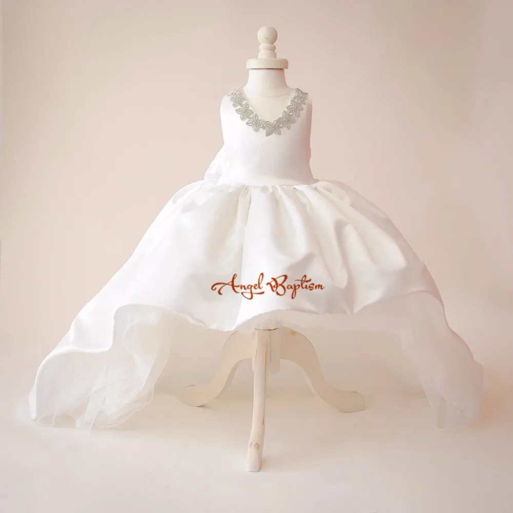 Gorgeous white/ivory flower girl dresses rhinestones V-neck satin toddler pageant infant 1 year birthday dress with long train | Детская