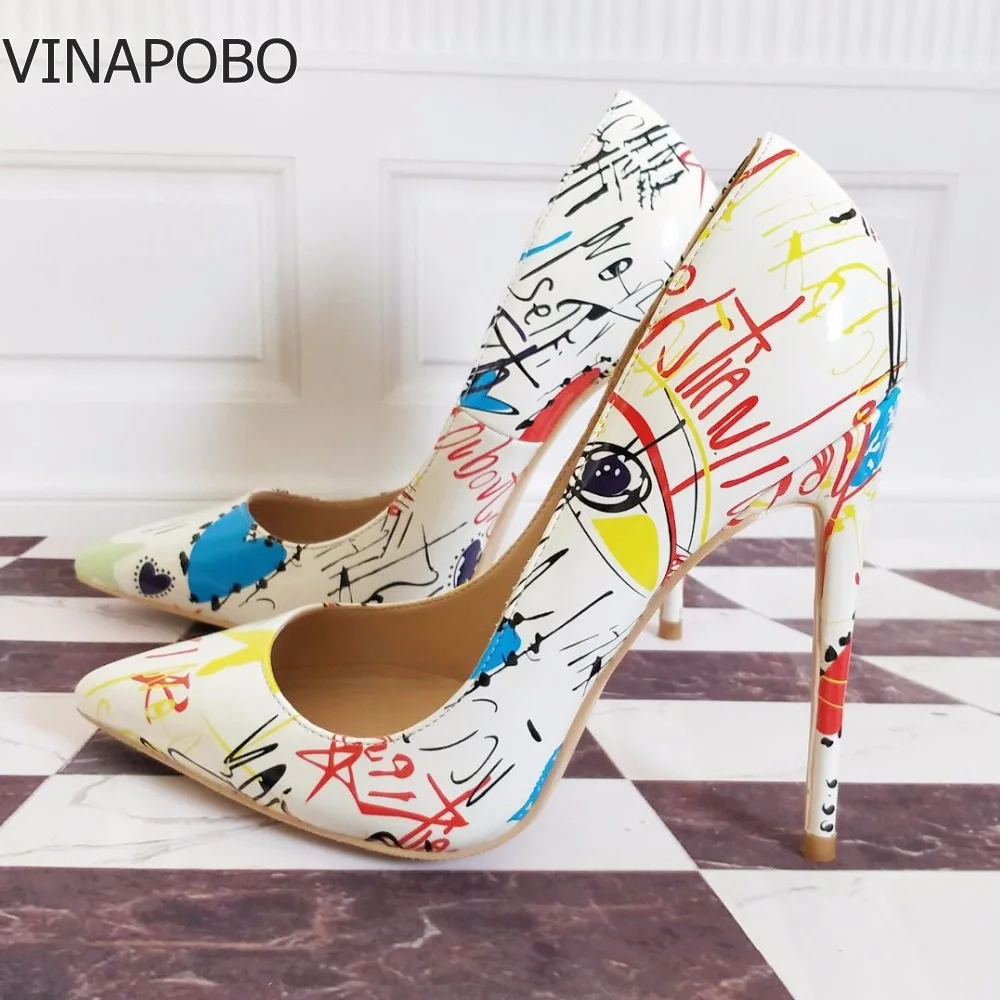

VINAPOBO Brand Shoes Woman High Heels Pumps White Graffiti High Heels 12CM Women Shoes High Heels Wedding Shoes Pump Big size 43