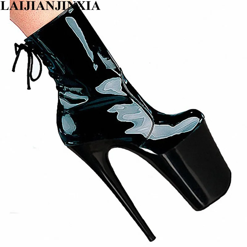 

LAIJIANJINXIA Black Patent Leather Ankle Boots For Women 20Cm Extrem High Heels 10Cm Platform Shoes Pointed Toe Lace-Up Boots