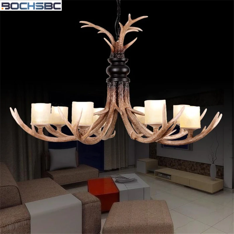 

BOCHSBC 8 Heads Resin Antler Chandeliers Metal Chain Hanging Lamp With Glass Lampshade E14 Bulbs for Chrismas Parlor Living Room