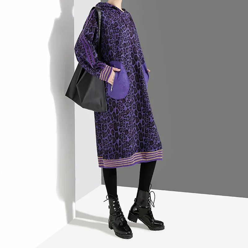 Johnature фиолетовый Леопардовый принт платье 2019 весна новый длинный рукав с