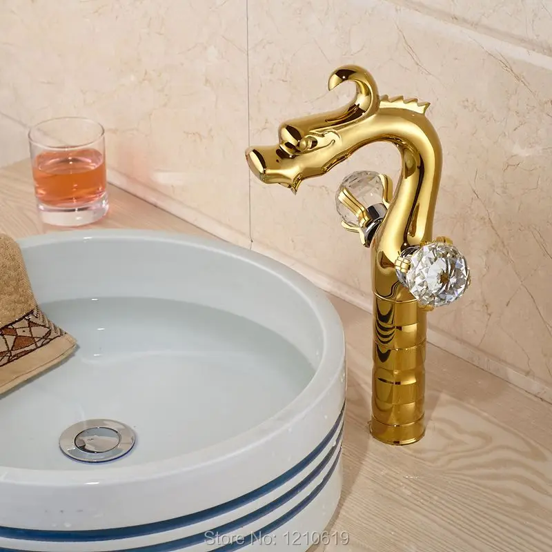 Новый Высокий кран для раковины с золотой пластиной в ванной двумя хрустальными