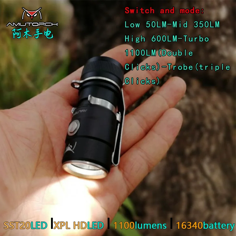 Мини светодиодная вспышка Amutorch AX2 XPL HD/SST20 1100 лм Мощная батарея 16340 или 18350 фонарик