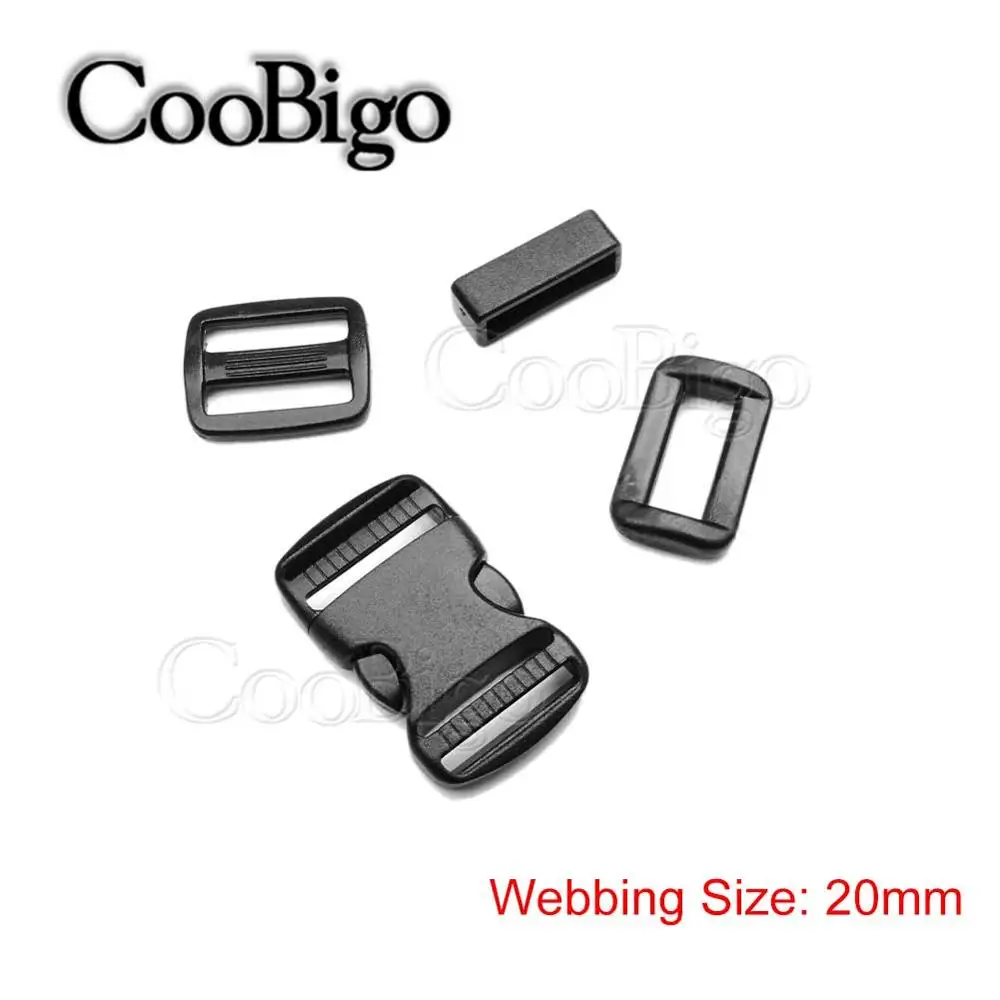 Webbing Size 20mm 1 комплект, 20 мм, 25 мм, 30 мм, 38 мм, 50 мм, пластмассовый слайдер, регулируемый прямоугольник, кольцо, петля для ремня, изогнутые боковые пряжки для ленточного ремня - Цвет: Webbing Size 20mm