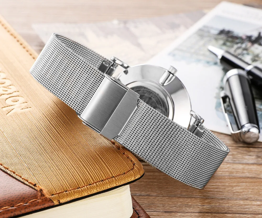 Женские и мужские кварцевые часы из розового золота с сетчатым браслетом|montre