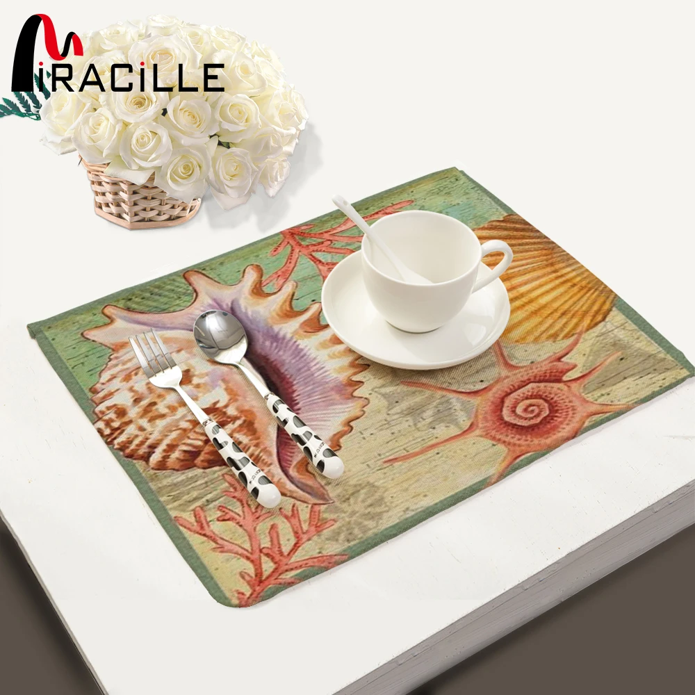

Miracille 2/4/6 pcs Cotton Linen Blend Marine Sea Shell Pattern Table Dishware Place Mats For Dinner Kitchen Accessories
