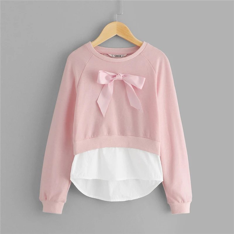 SHEIN/повседневные толстовки для девочек с розовым бантом спереди; топы для девочек; коллекция года; сезон весна; Модный милый пуловер с длинными рукавами; детская одежда