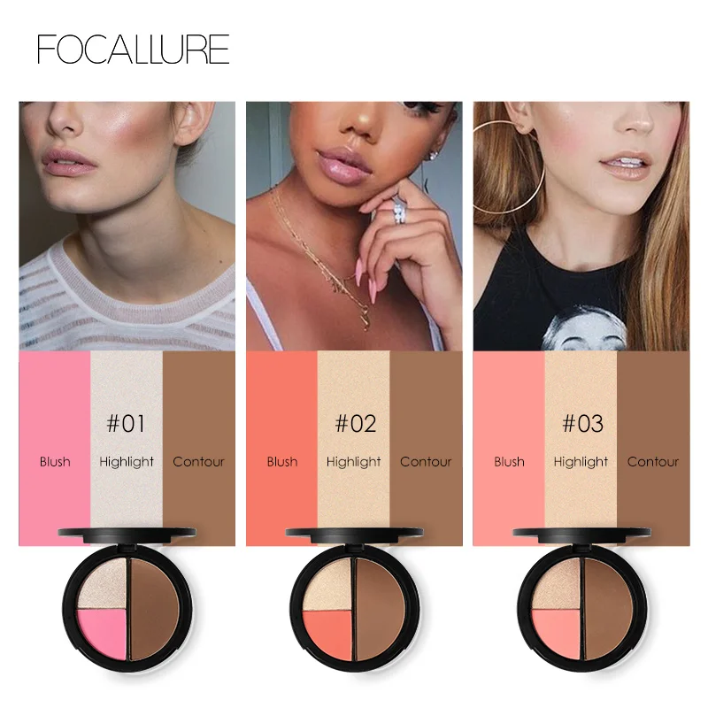 FOCALLURE 3 цвета мерцающие бронзаторы и хайлайтер пудра Макияж Румяна для палитры
