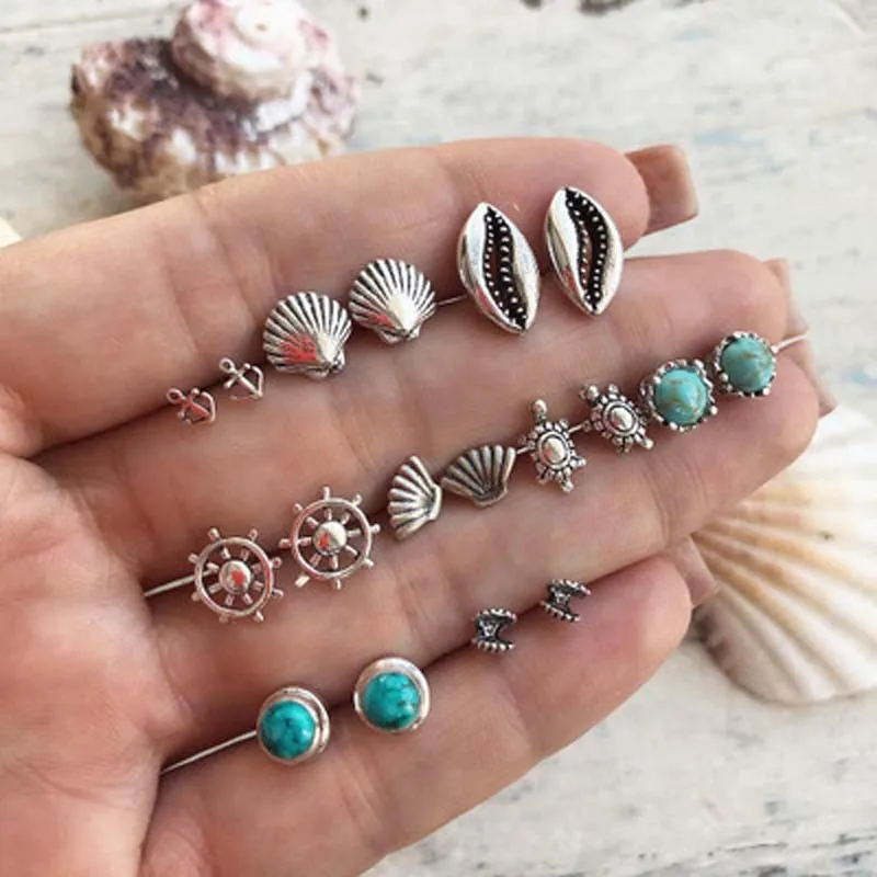 2018 Boho океан пляж серьги-гвоздики Набор Винтаж морская волна руль Морская звезда