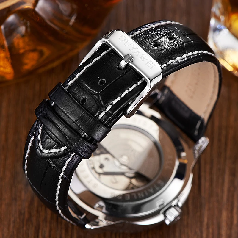 Ouyawei Montre Automatique Homme бизнес стиль черные кожаные автоматические часы с
