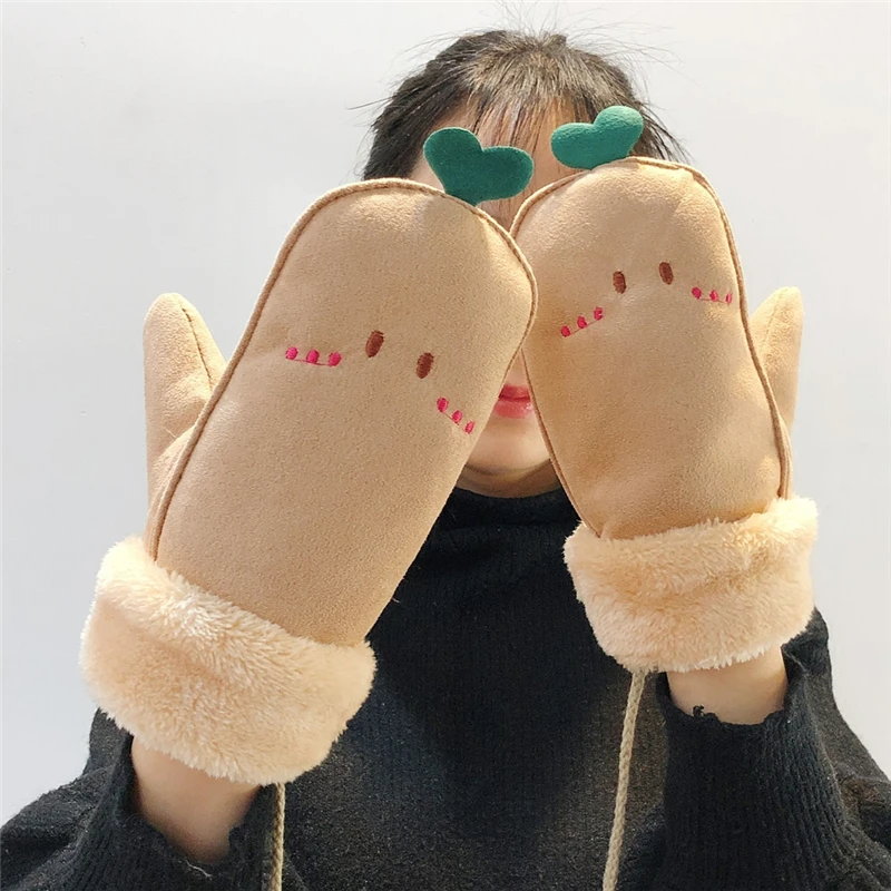 Женские перчатки Kawaii зимние Бархатные уплотненные варежки с вышивкой в виде