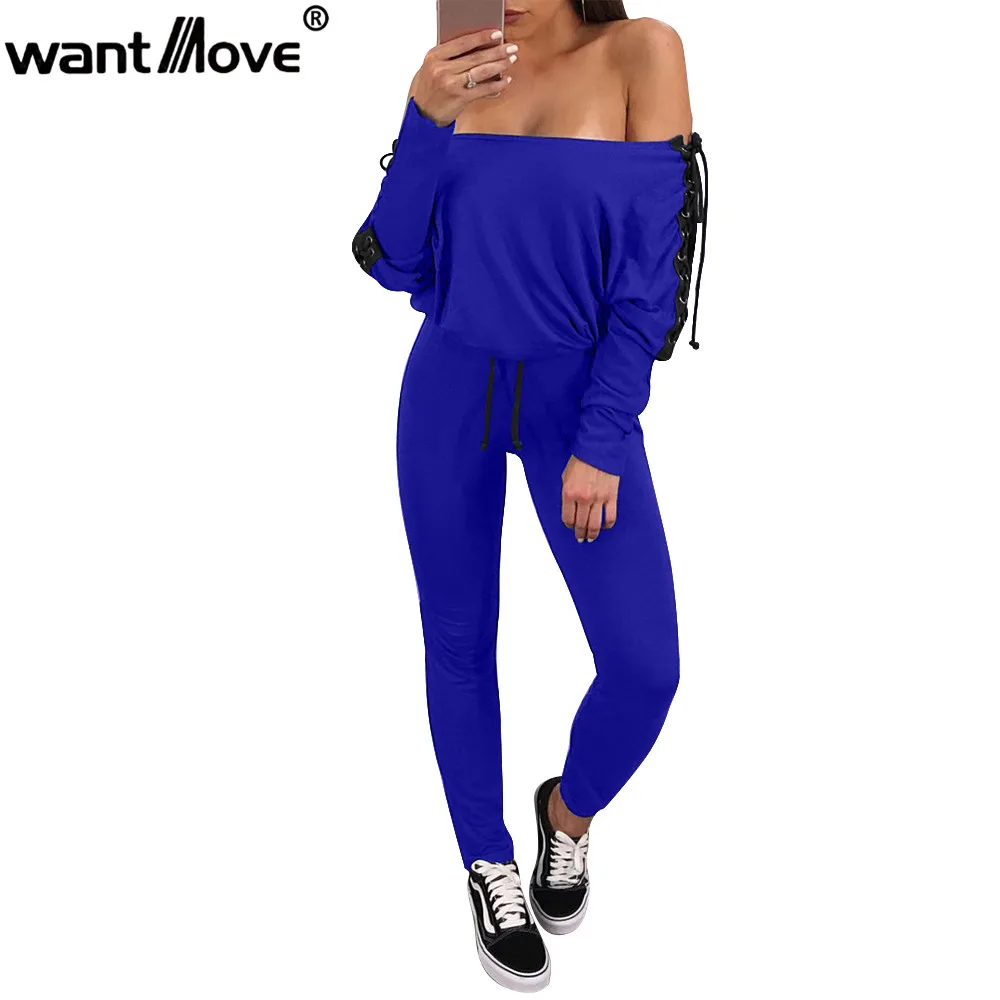 royal blue Wantmove Осень Зима Мода с плеча двойной шнуровкой женский комбинезон боди с длинным рукавом Комбинезоны JZ098 - Цвет: royal blue
