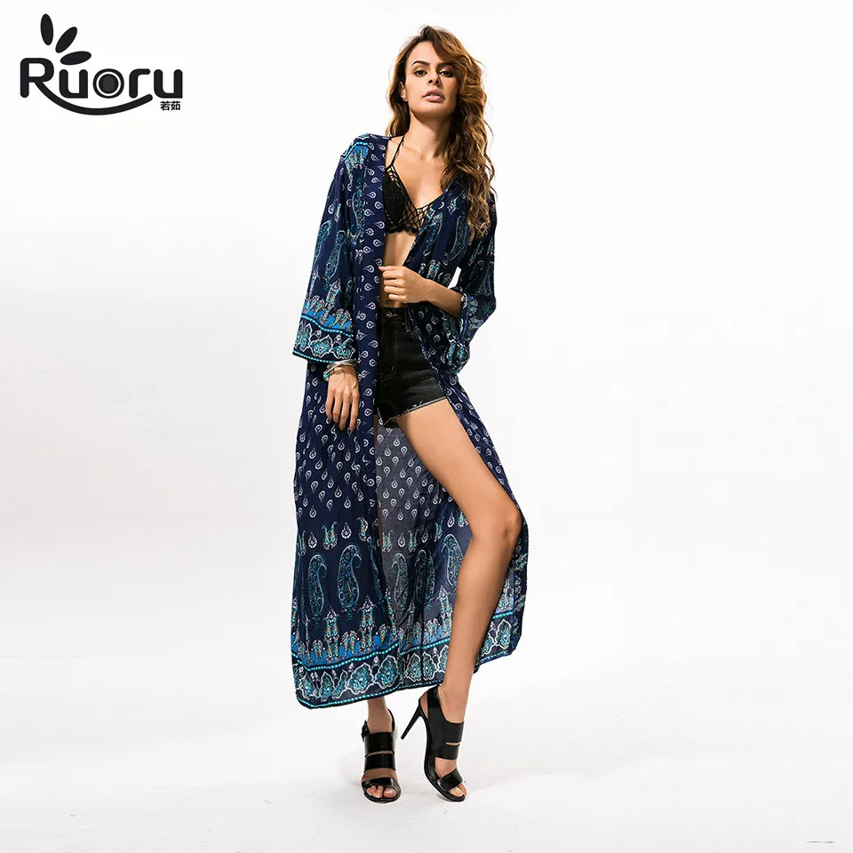 Ruoru Women Loose Long Blouse Shirt Maxi Boho Kimono Plus Size Casual Top for Summer Beachwear Cardigan Jacket|boho kimono|blouses pluslong blouses