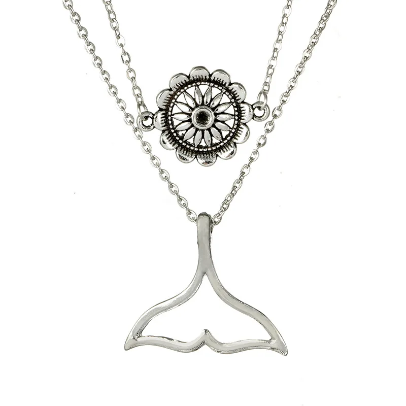 Fashion Bohemian Fish Tail Multi Layer Necklaces For Women Girl Sliver Color Flower Summer Beach Wind Necklace Charm Jewelry | Украшения и