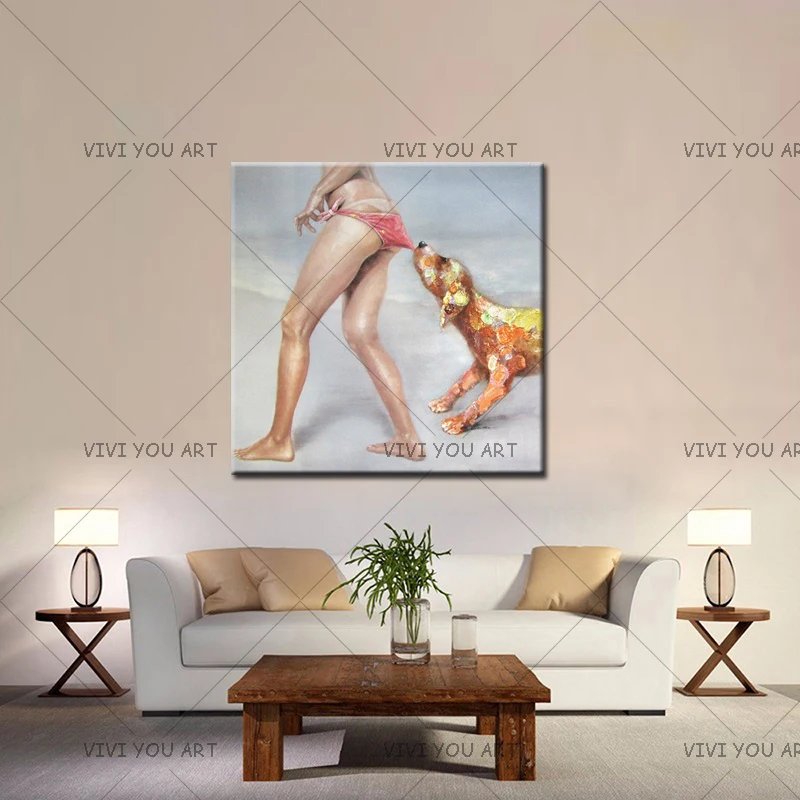 

Summer Beach Seascape Hot Sale Funny Naughty Dog and Sexy Lady Wall Art Handmade Canvas Oil Painting For Bedroom Or Living Room