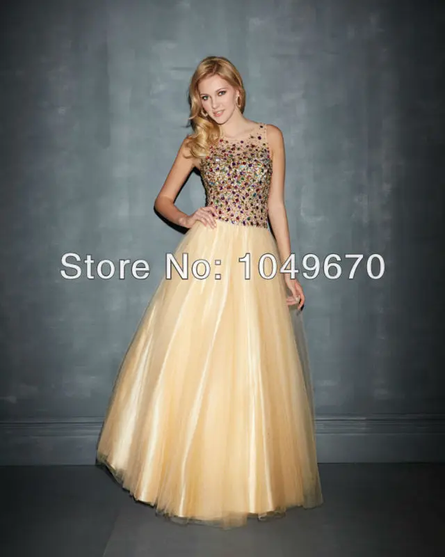 Trendy 2014 Spring Scoop Prom Dresses With Colorful Crystal Sheer Back Ball Gown Floor Length Masquerade Dress Party Girl N407 | Свадьбы и