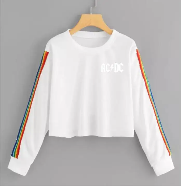 Fashion temperament women's ACDC round neck long-sleeved T-shirt clock short rainbow stripes streetwear | Женская одежда