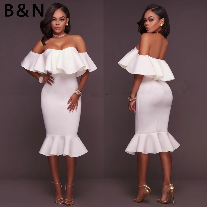 B&ampN Ruffles Slash Neck Dress Women One Piece Mermaid Long Fit Stretch Sexy Strapless Off Shoulder Solid Backless Cloth | Женская