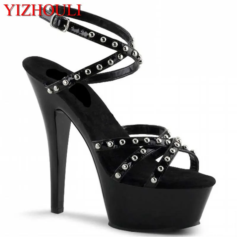 New fashionable black rivet 15 cm high heels, platform pole dance/performance/banquet wedding sandals