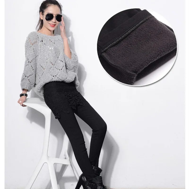 WKOUD Women Winter Leggings Black Pants With Lace Skirts Fashion Thickening Fleeces Warm Skirt Female Footless P8108 | Женская одежда