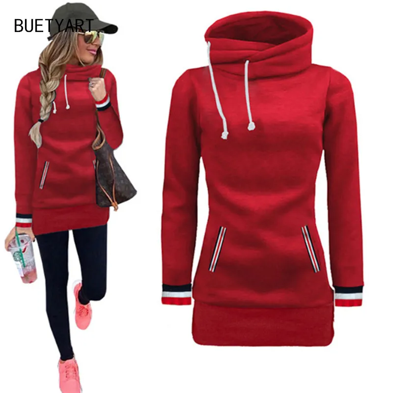 Buetyart осень модные куртки с капюшоном платье Для женщин Drawstring водолазка костюм