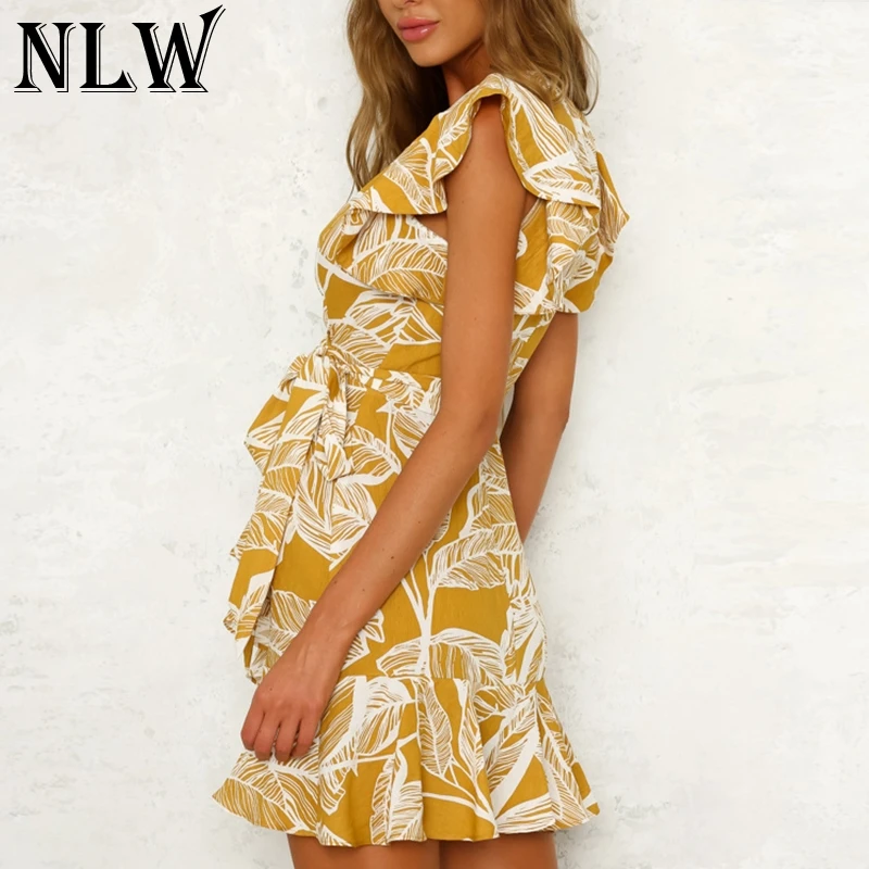 NLW желтый Boho печати обёрточная бумага платье V средства ухода за кожей Шеи