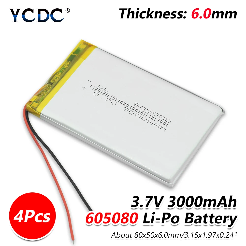 4 pieces 1/2/4 шт. большой Ёмкость 3,7 v Lipo Батарея 3000 мА/ч, 605080 литий ионный полимерный Дополнительный внешний аккумулятор литий Батарея для MP4 DVD планшет gps электрические игрушки - Цвет: 4 pieces