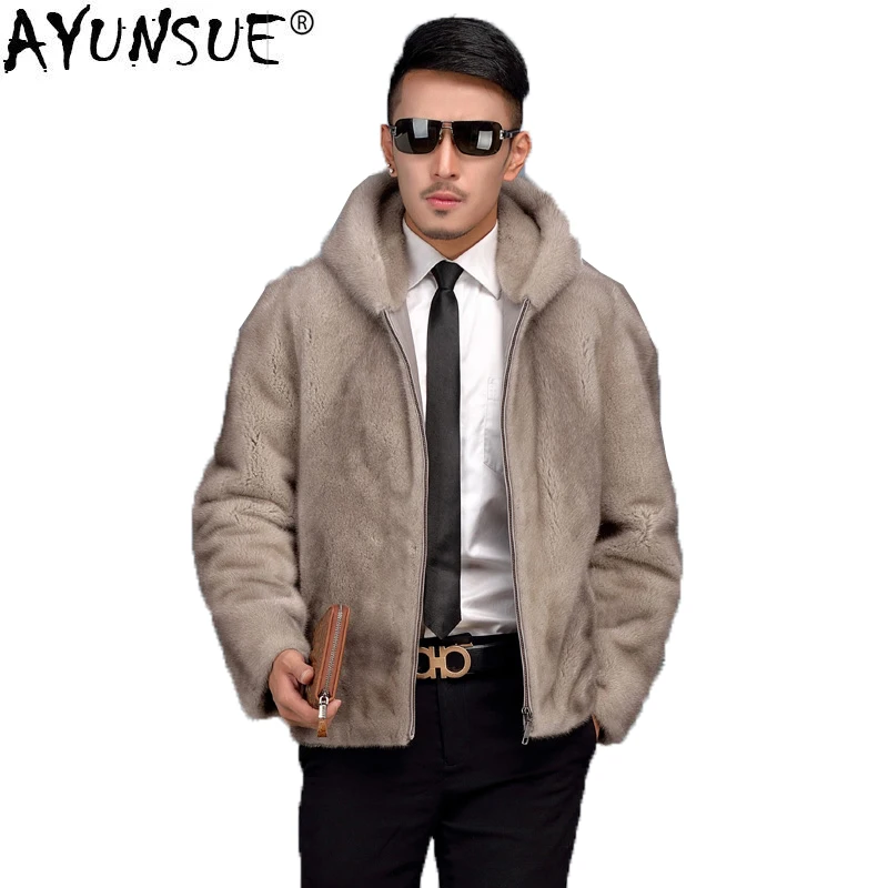 AYUNSUE Real Fur Coat Men Natural Mink Fur 2020 Winter Jacket Mens Mink Coat Hooded Short Sherling Veste Hiver HommeZ28-3 KJ1098