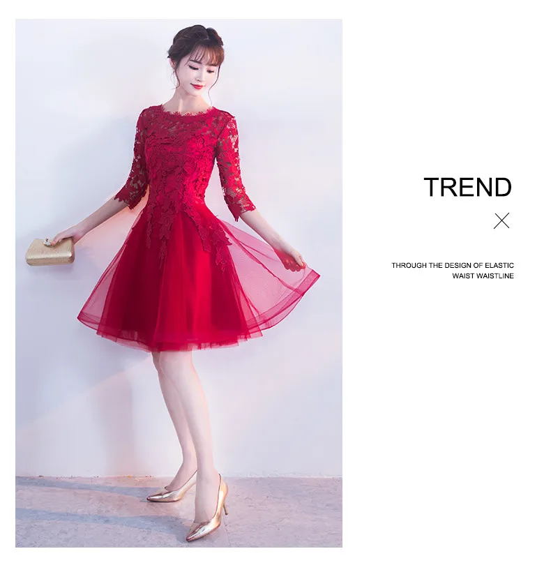 Robe de soiree/красное кружевное вечернее платье с круглым вырезом и короткими рукавами из тюля ТРАПЕЦИЕВИДНОЕ платье для выпускного вечера платья для дня рождения