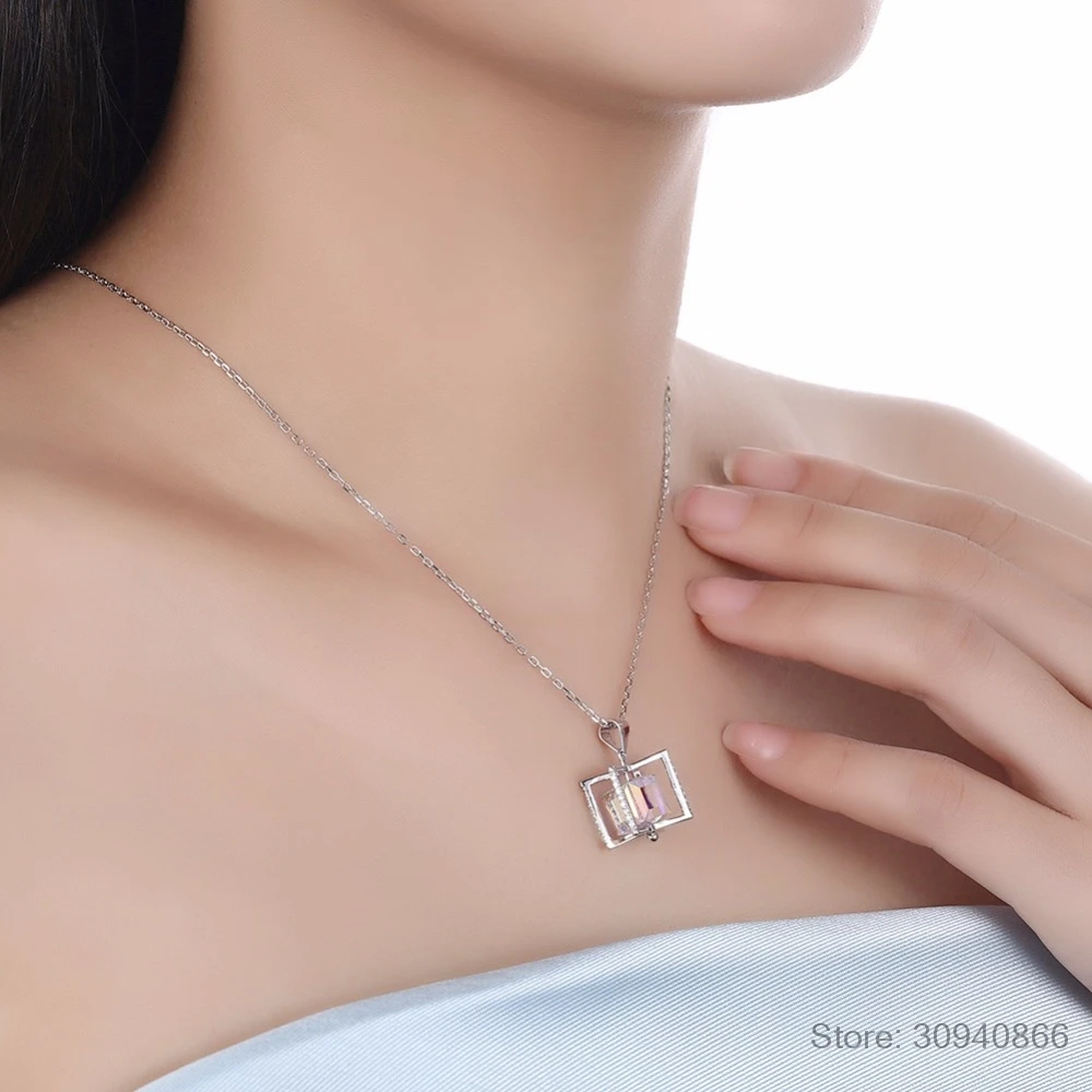 

LEKANI New Design Crystals Rotating Cube Pendants Necklaces Magic Necklace For Women Real 925 Silver Fine Jewelry