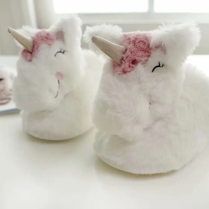 

KEYITODO Autumn winter creative cartoon cute unicorn plush Warm home indoor women cotton slippers Big child girls shoes C453