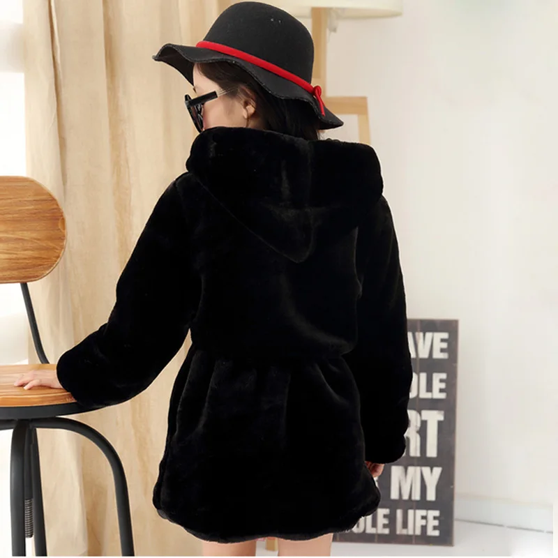 Girls Faux Fur Coat Winter Long Sleeve Hooded Warm Jacket Imitation Rabbit For Kids 8-13 Years Soft Outwear | Детская одежда и