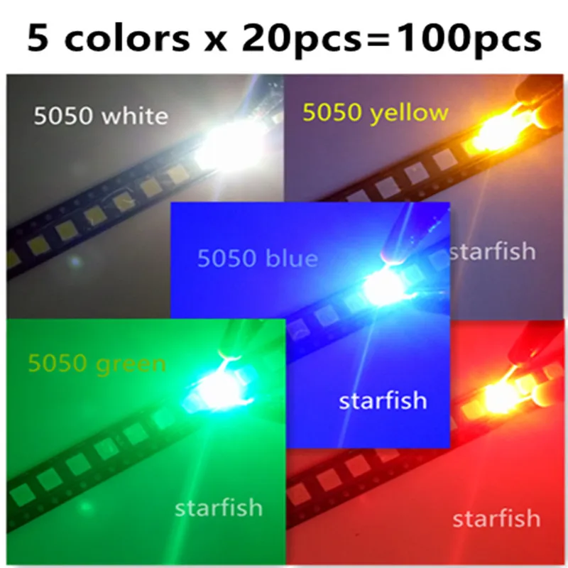 5 цветов x 20 шт. = 100 светодиодов SMD 5050 белый W/синий/красный/желтый/зеленый