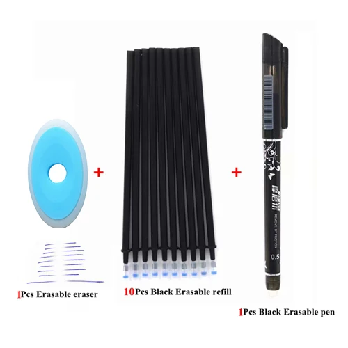 12Pcs black set 12 шт./лот, стираемая ручка, сменный стержень, моющаяся ручка, 0,5 мм, синие/черные/красные чернила, гелевая ручка для школы, офисные принадлежности, инструмент, канцелярские принадлежности - Цвет: 12Pcs black set