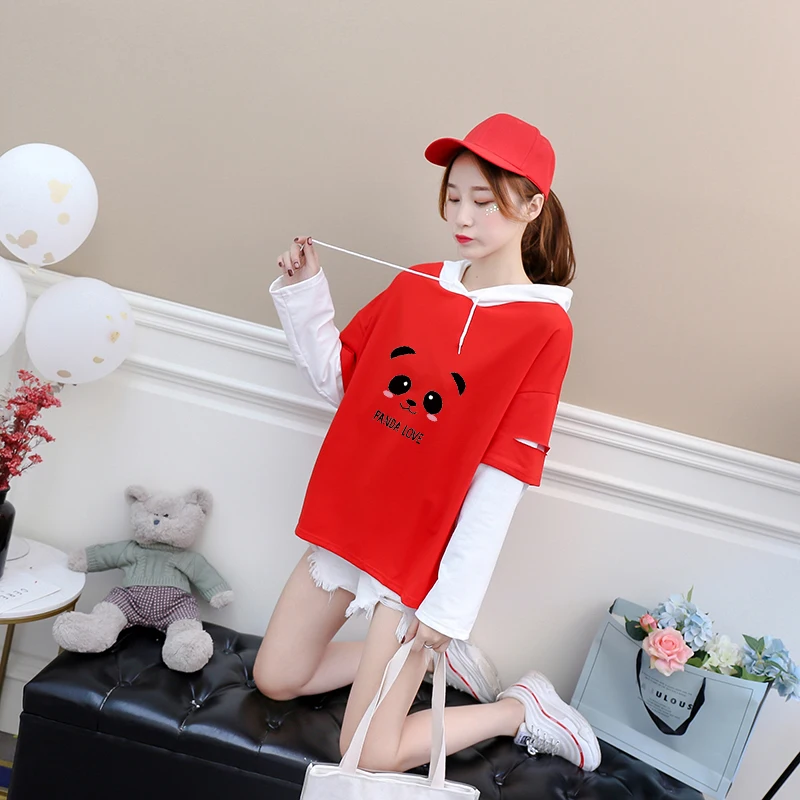 

Kawaii Cartoon Panda Print Autumn Harajuku Long Sleeve Shirt Women Korean Creative Female T Shirt Casual Splicing Cute Tops Tees